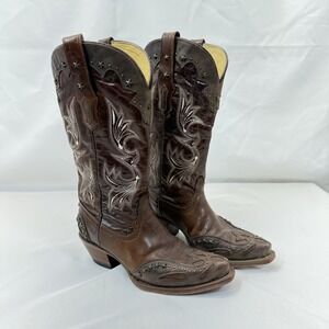 Corral‎ Womens 6.5M Brown Leather Cowboy Boots Stars Studded Embroidered Snip